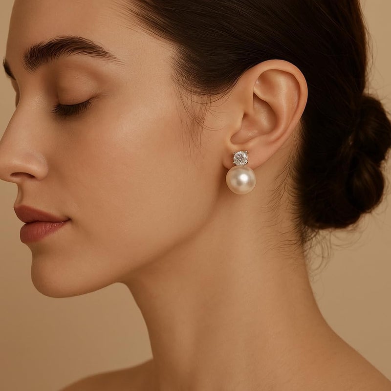 ZENCHEER Pearl Clip on Earrings for Women - 14K Gold Silver Plated Cubic Zirconia Non Pierced Ear Clips Jewelry Gifts for Wedding Bridal Party Gifts - Image 2